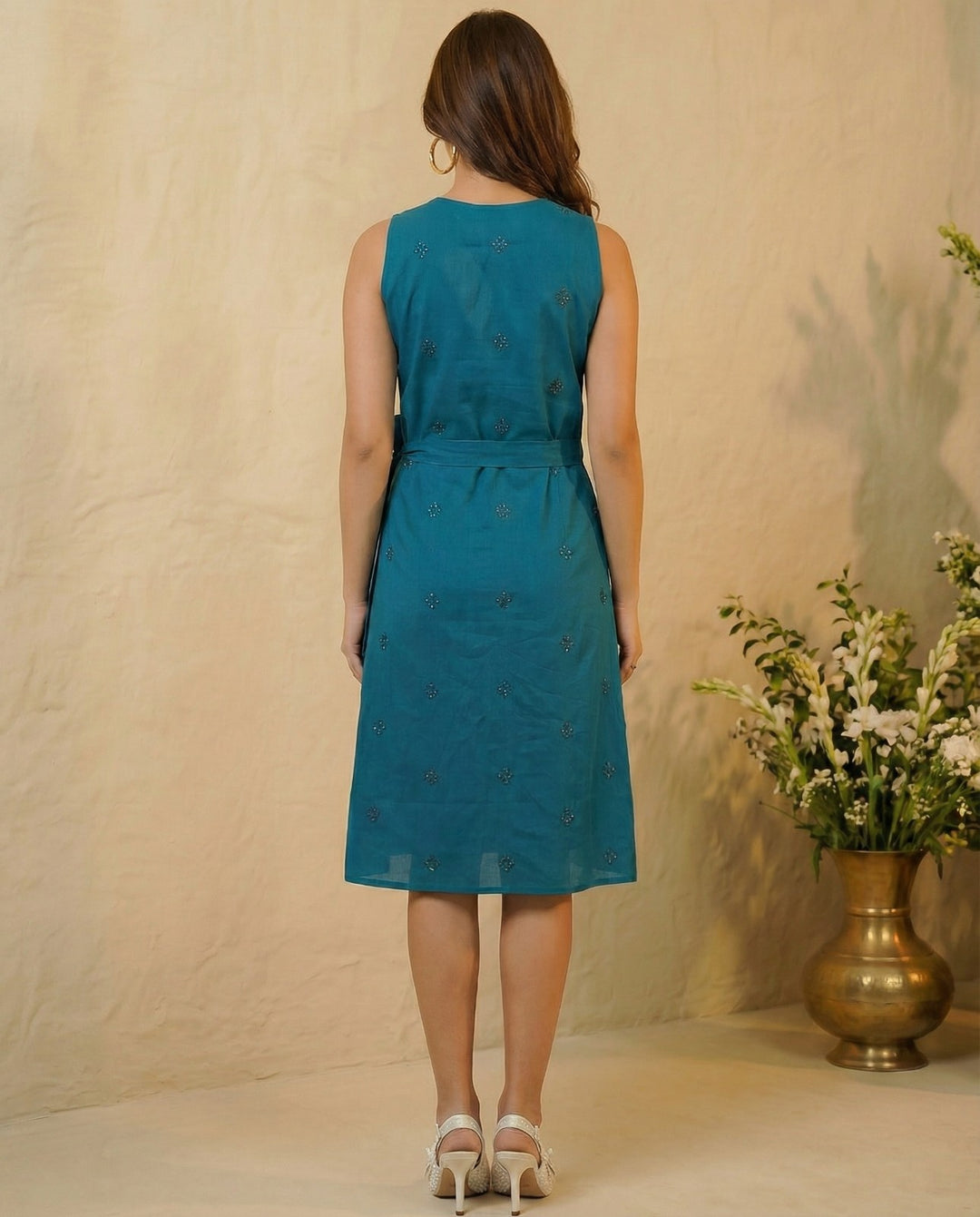 Teal Blue Embroidered Cotton Blended Midi Dress
