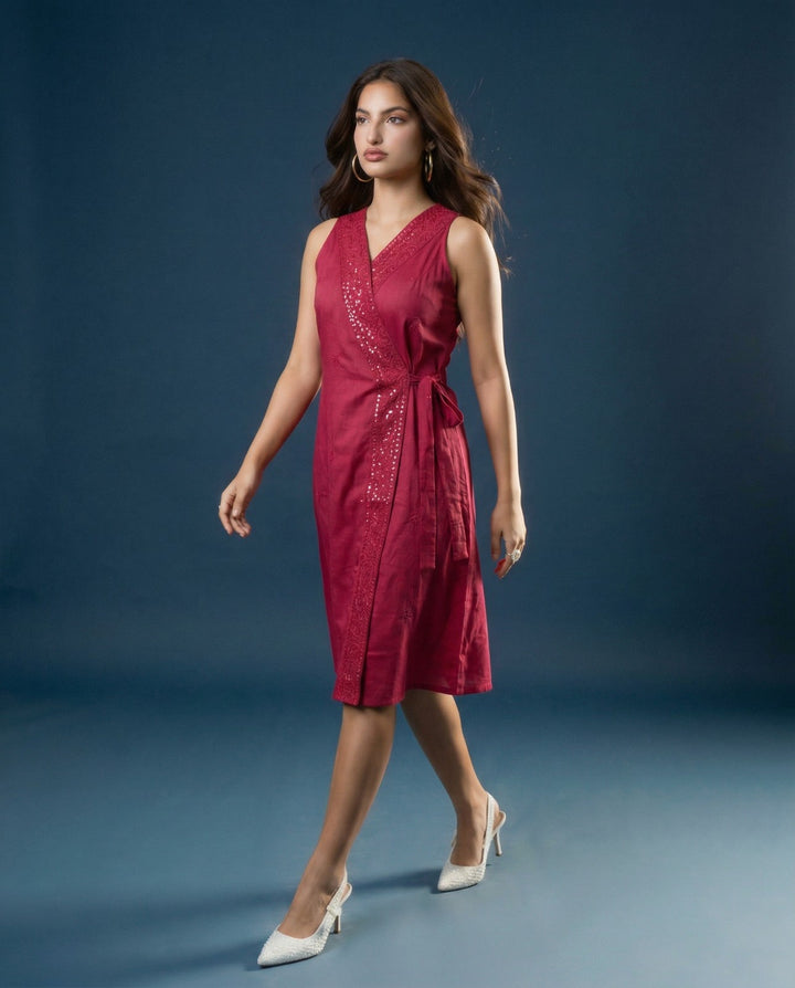 Pink Embroidered Cotton Blended Midi Dress