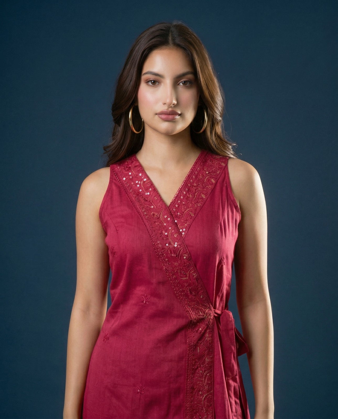 Pink Embroidered Cotton Blended Midi Dress