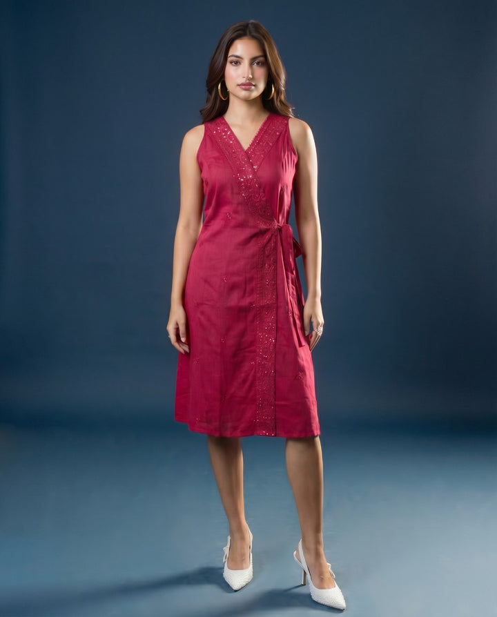 Pink Embroidered Cotton Blended Midi Dress