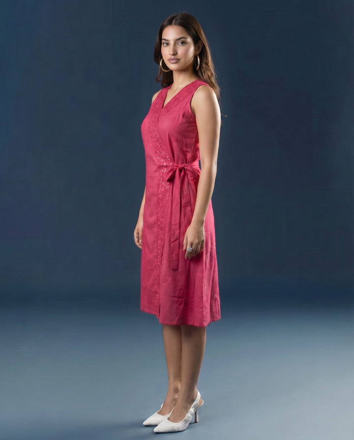 Pink Embroidered Cotton Blended Midi Dress