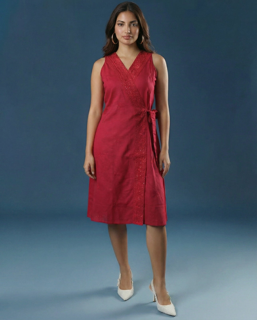 Pink Embroidered Cotton Blended Midi Dress