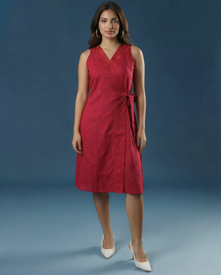 Pink Embroidered Cotton Blended Midi Dress