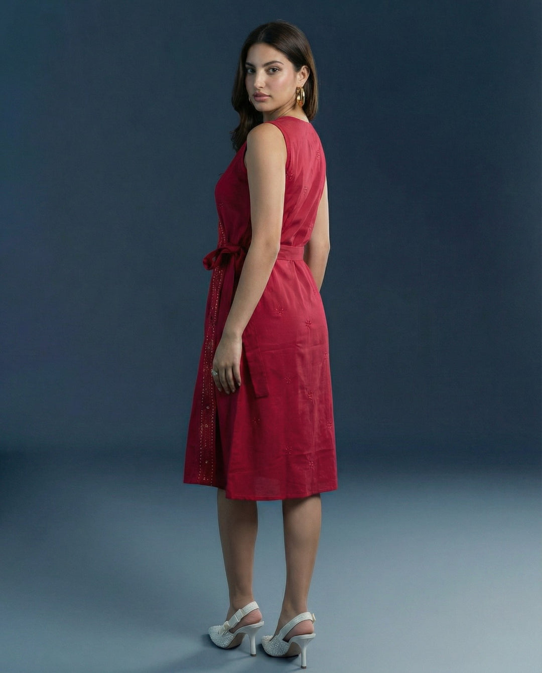 Pink Embroidered Cotton Blended Midi Dress
