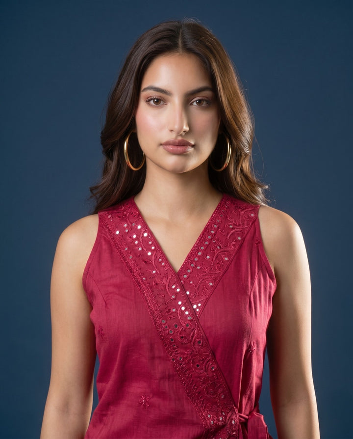 Pink Embroidered Cotton Blended Midi Dress