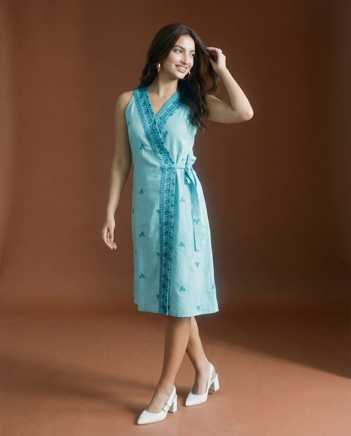 Sky Blue Embroidered Cotton Blended Midi Dress