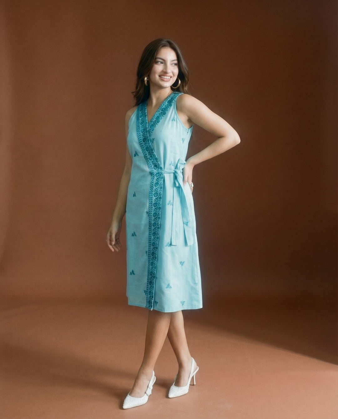 Sky Blue Embroidered Cotton Blended Midi Dress
