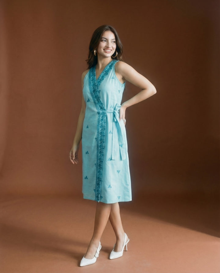 Sky Blue Embroidered Cotton Blended Midi Dress