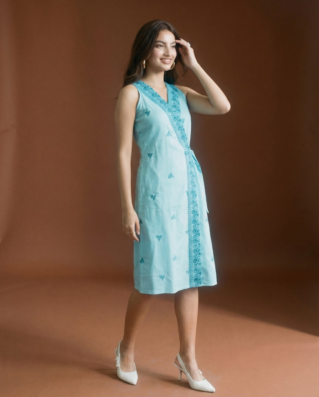 Sky Blue Embroidered Cotton Blended Midi Dress