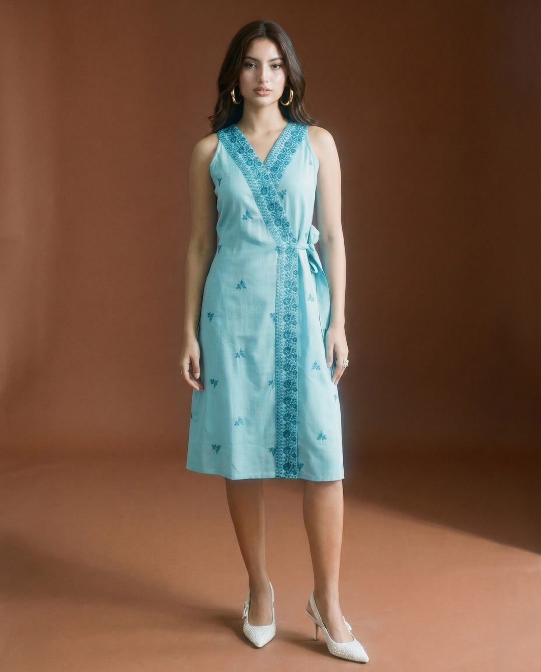 Sky Blue Embroidered Cotton Blended Midi Dress
