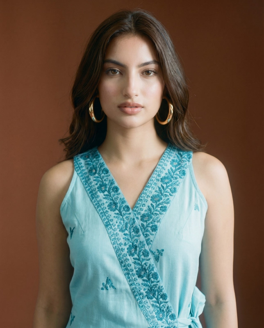 Sky Blue Embroidered Cotton Blended Midi Dress