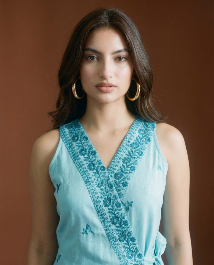 Sky Blue Embroidered Cotton Blended Midi Dress