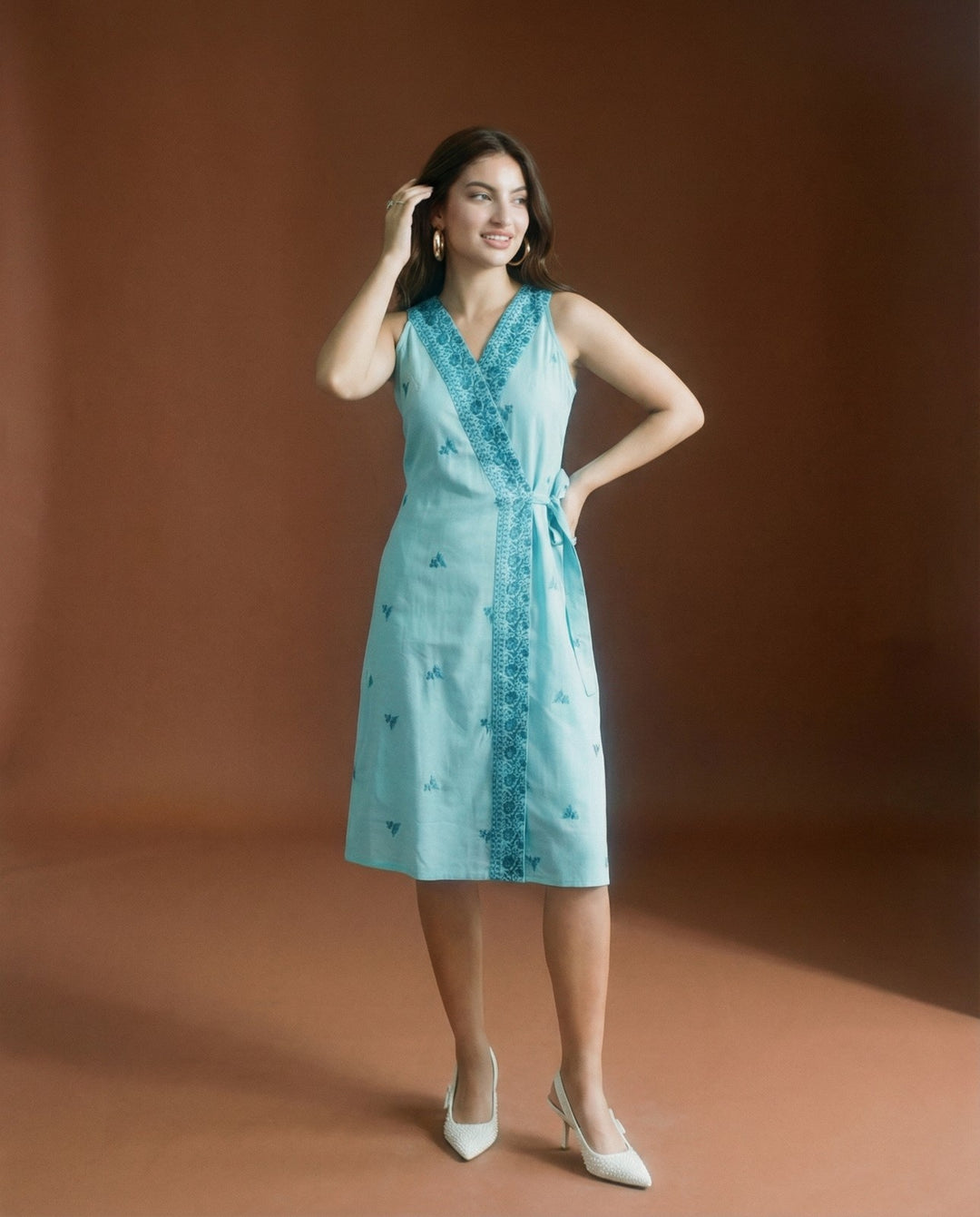 Sky Blue Embroidered Cotton Blended Midi Dress