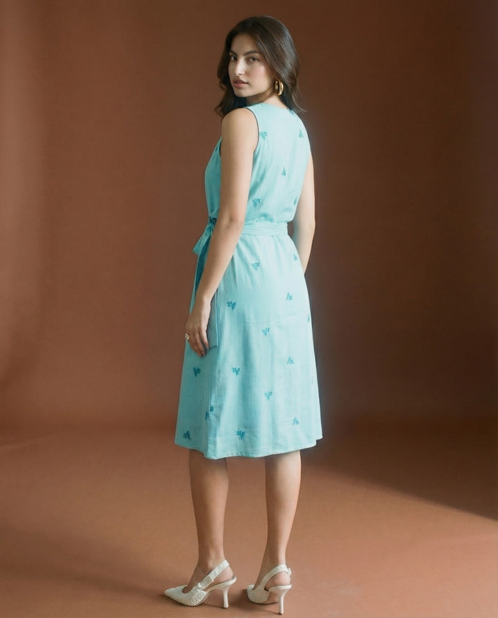 Sky Blue Embroidered Cotton Blended Midi Dress