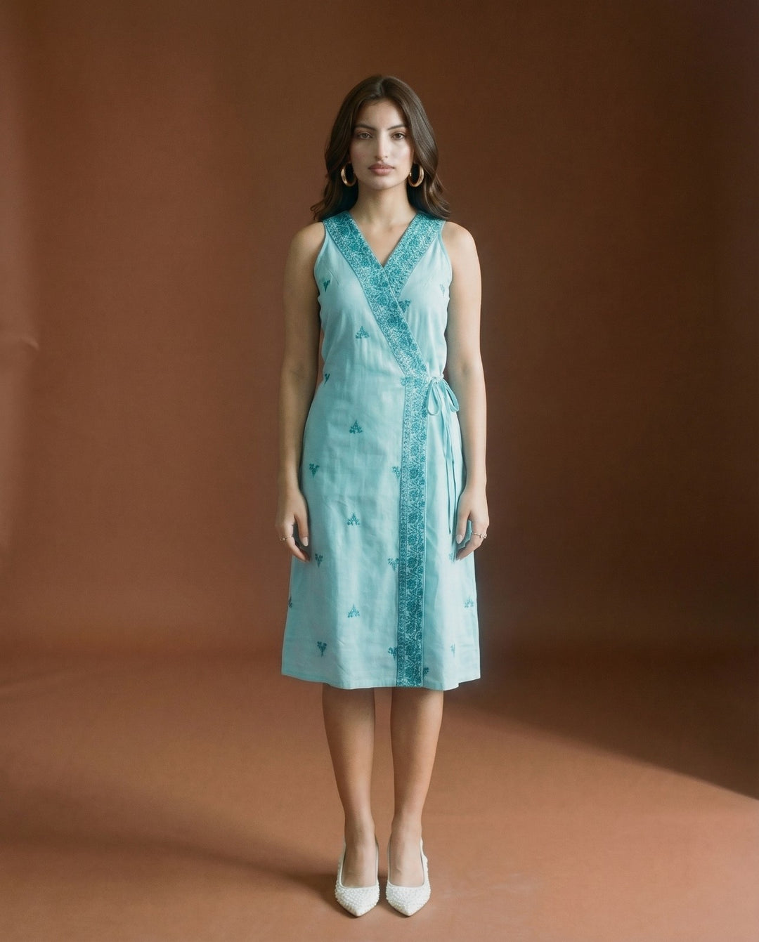 Sky Blue Embroidered Cotton Blended Midi Dress