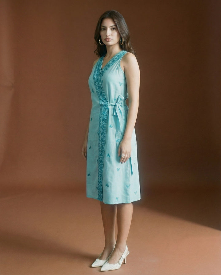 Sky Blue Embroidered Cotton Blended Midi Dress