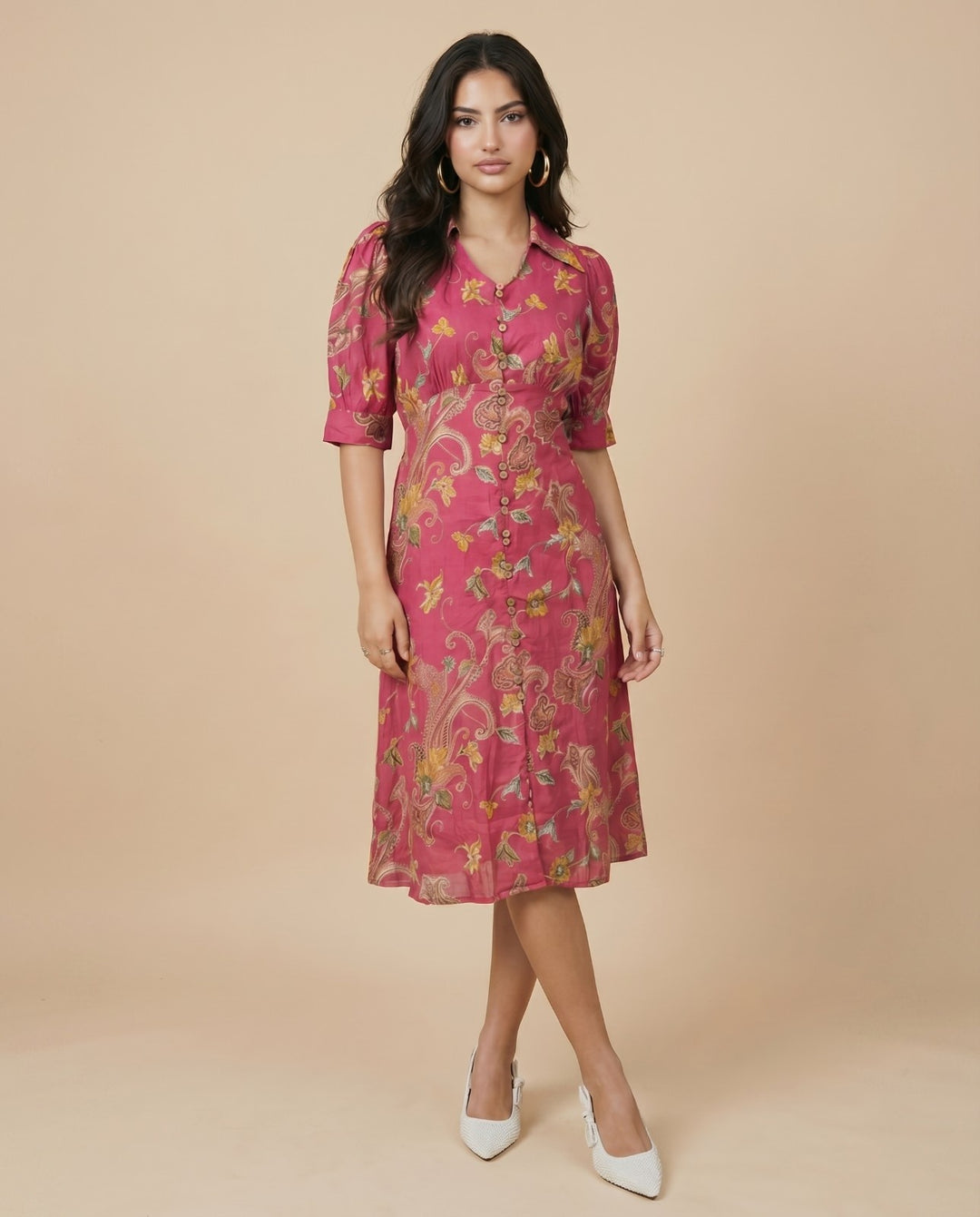 Pink Printed Cotton Blended Midi Dress