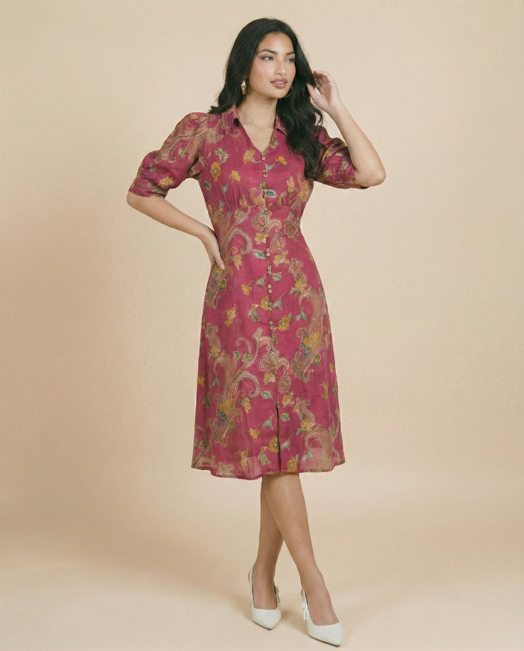 Pink Printed Cotton Blended Midi Dress