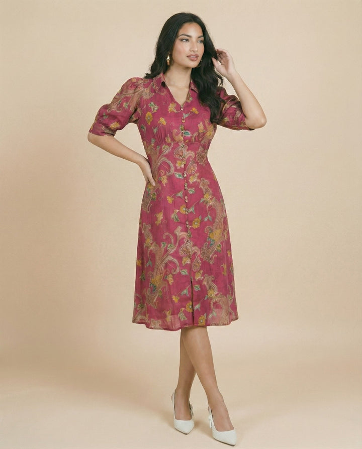 Pink Printed Cotton Blended Midi Dress