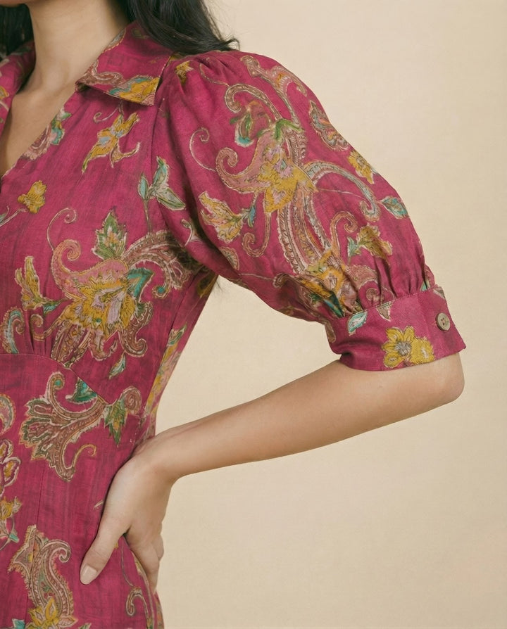Pink Printed Cotton Blended Midi Dress