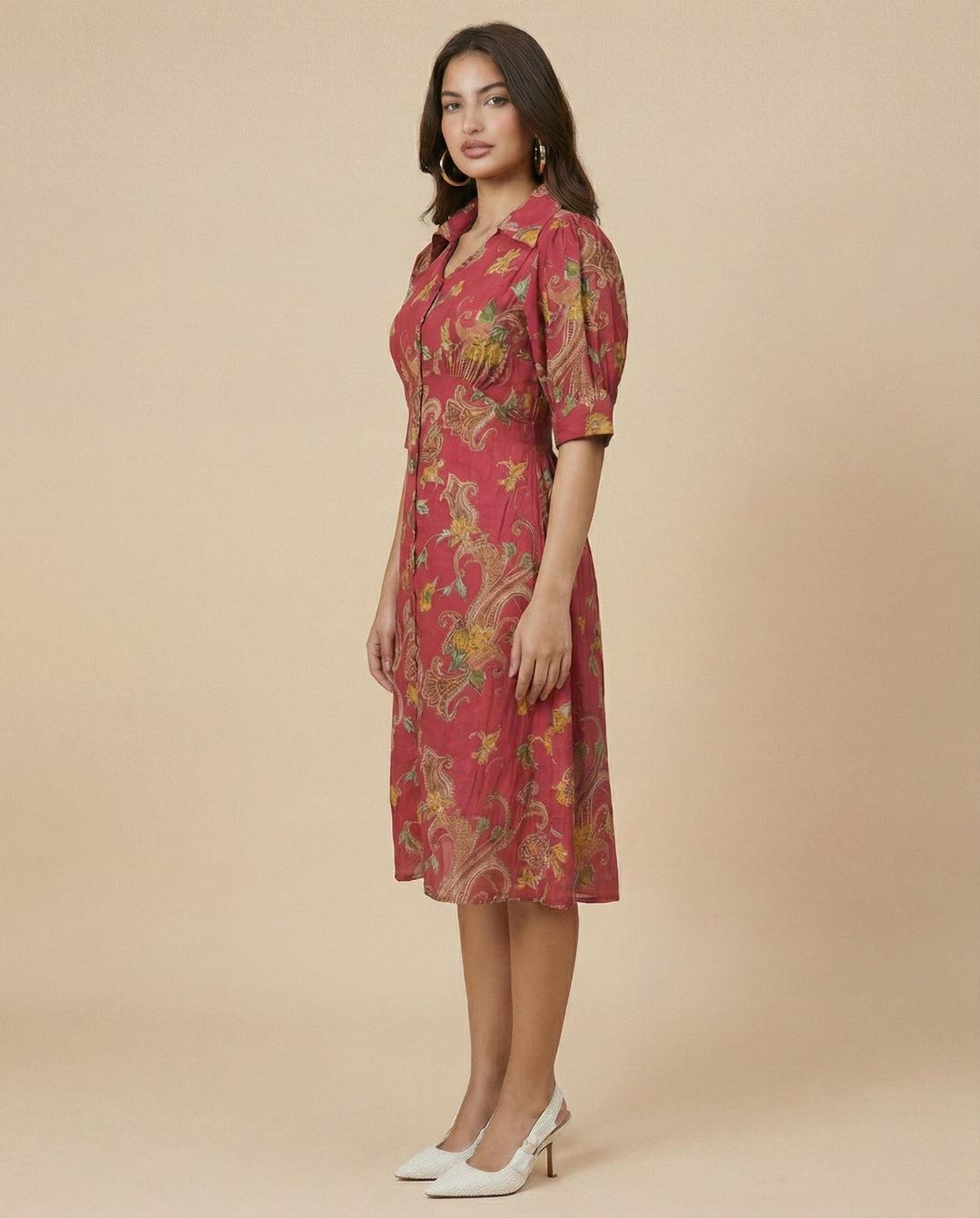 Pink Printed Cotton Blended Midi Dress