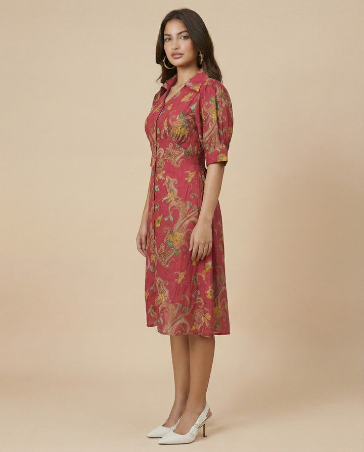 Pink Printed Cotton Blended Midi Dress