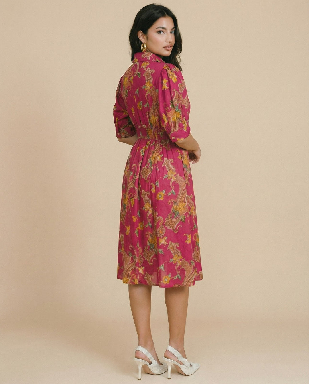 Pink Printed Cotton Blended Midi Dress