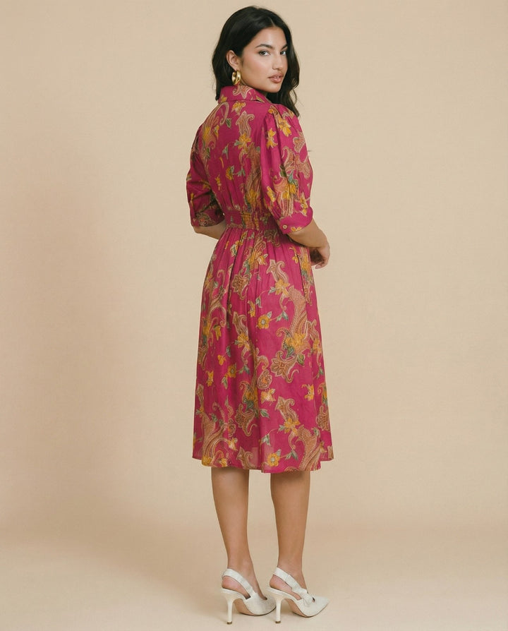 Pink Printed Cotton Blended Midi Dress