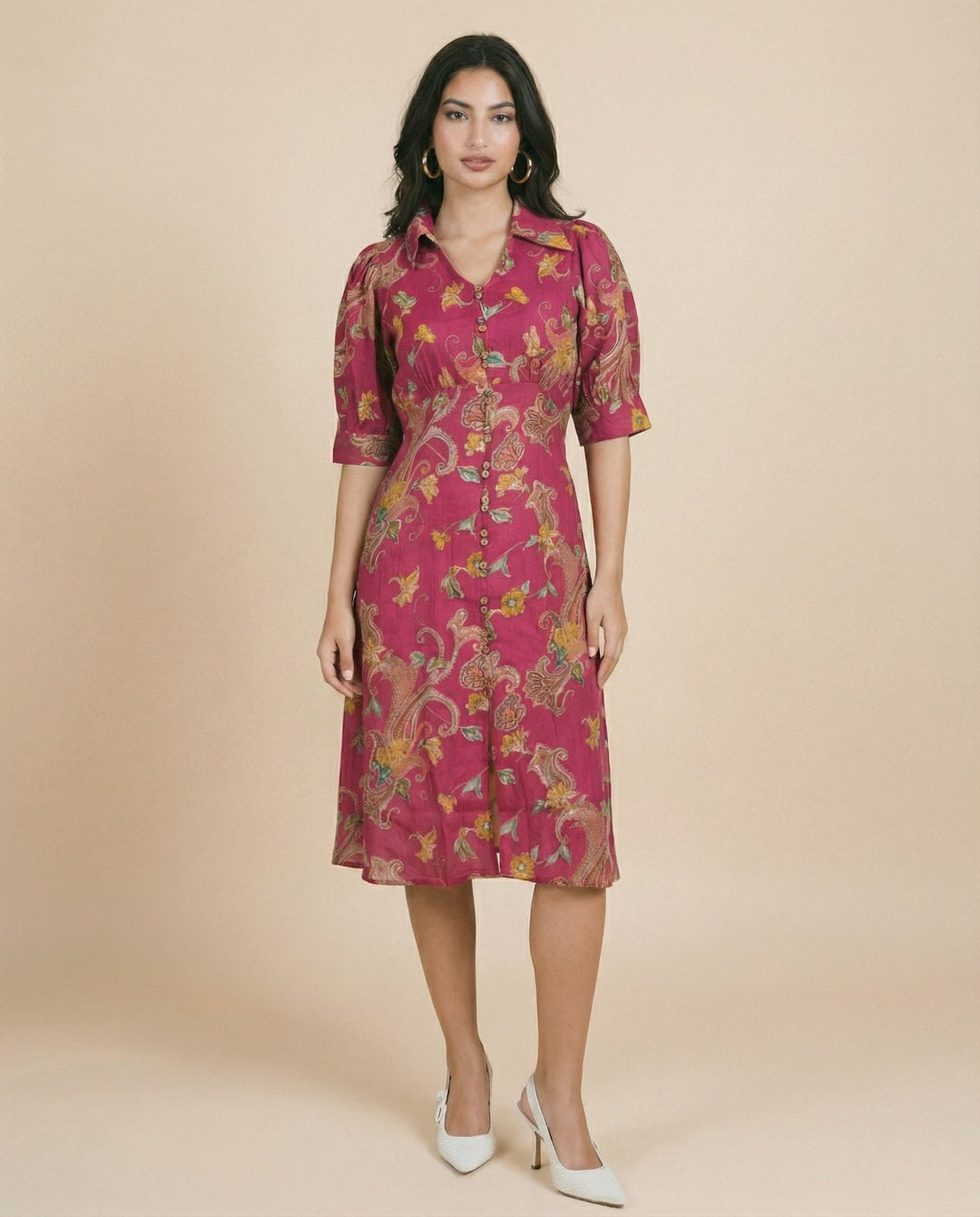 Pink Printed Cotton Blended Midi Dress