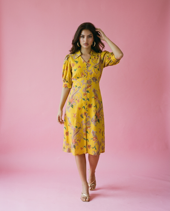 Yellow Printed Cotton Blended Midi Dress