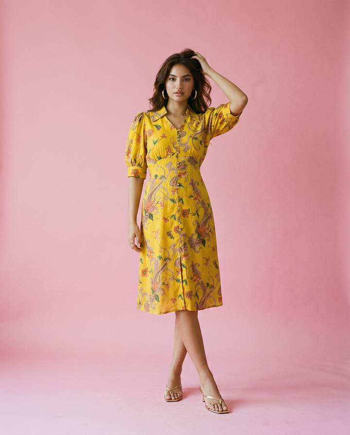 Yellow Printed Cotton Blended Midi Dress