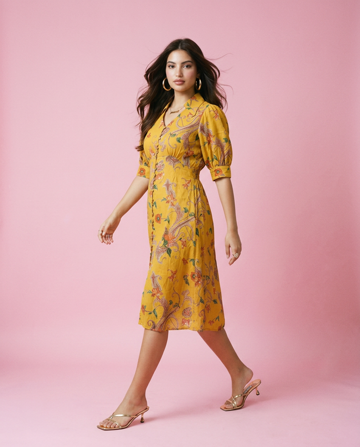 Yellow Printed Cotton Blended Midi Dress