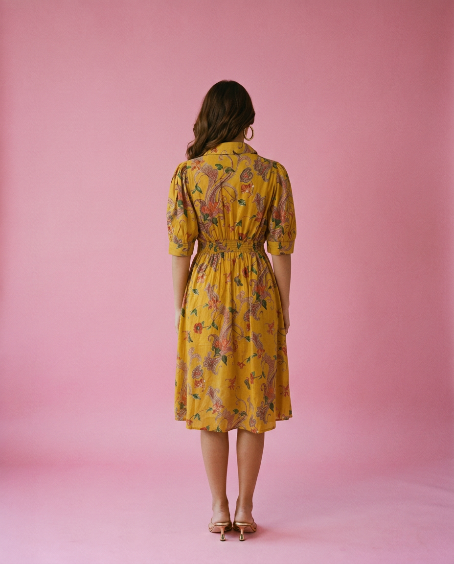 Yellow Printed Cotton Blended Midi Dress