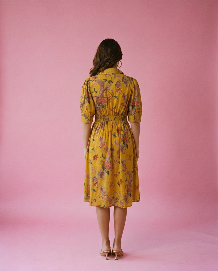 Yellow Printed Cotton Blended Midi Dress