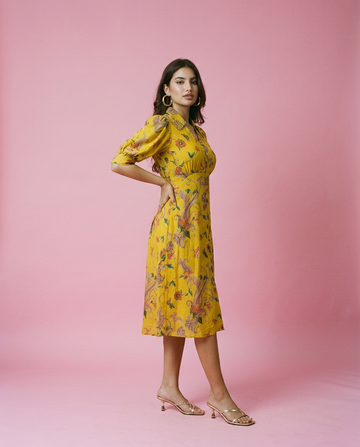 Yellow Printed Cotton Blended Midi Dress