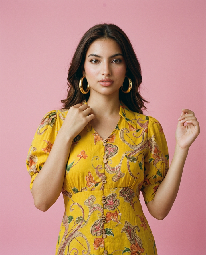 Yellow Printed Cotton Blended Midi Dress