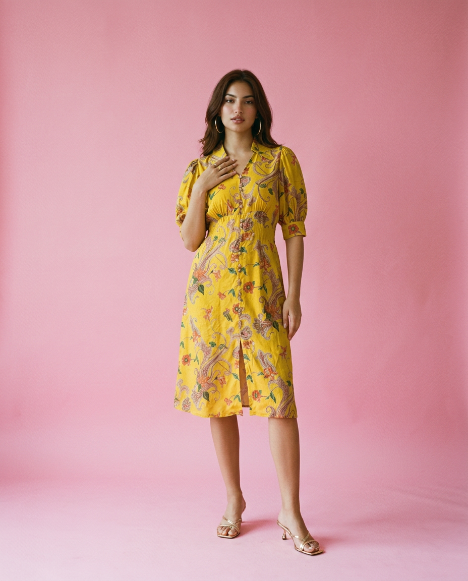 Yellow Printed Cotton Blended Midi Dress