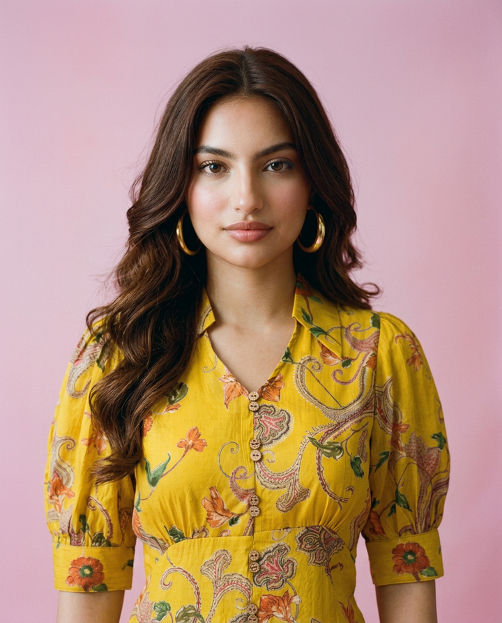 Yellow Printed Cotton Blended Midi Dress