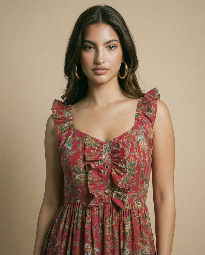 Magenta Printed Cotton Blended Midi Dress