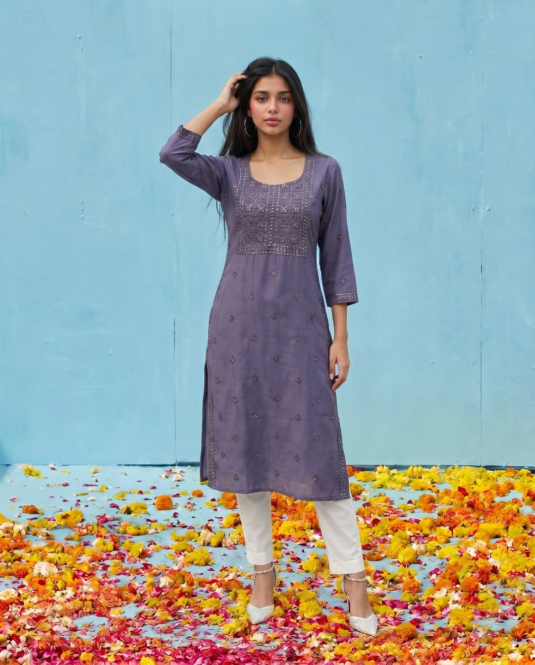 Purple Embroidered Viscose Blended Straight cut Long Kurta