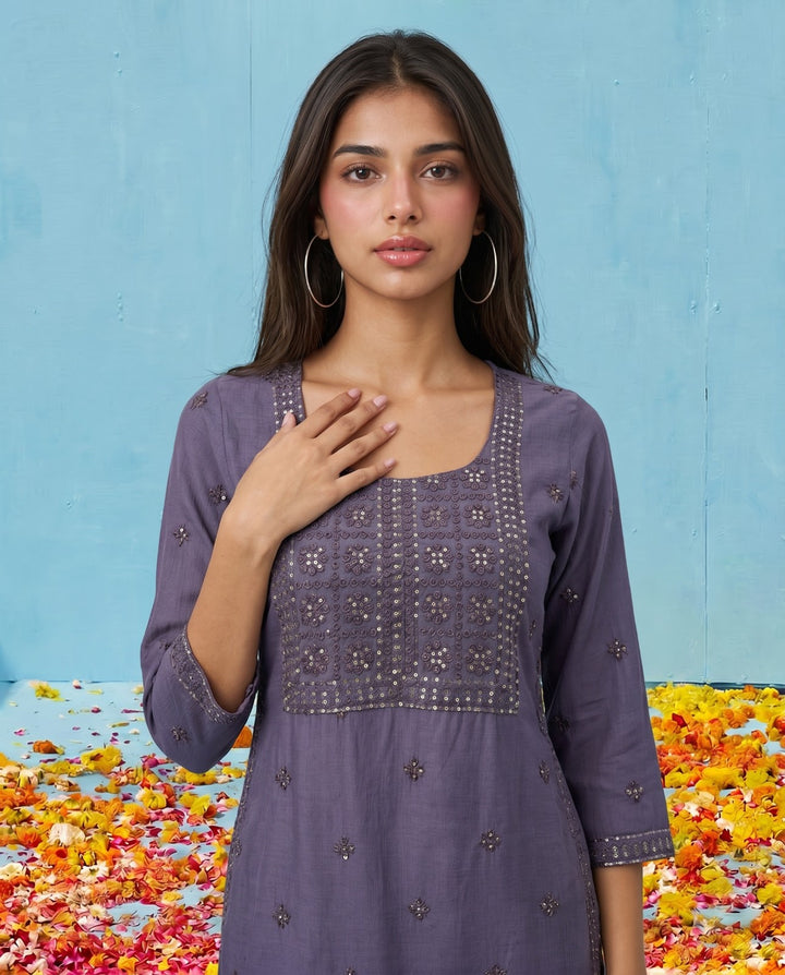 Purple Embroidered Viscose Blended Straight cut Long Kurta