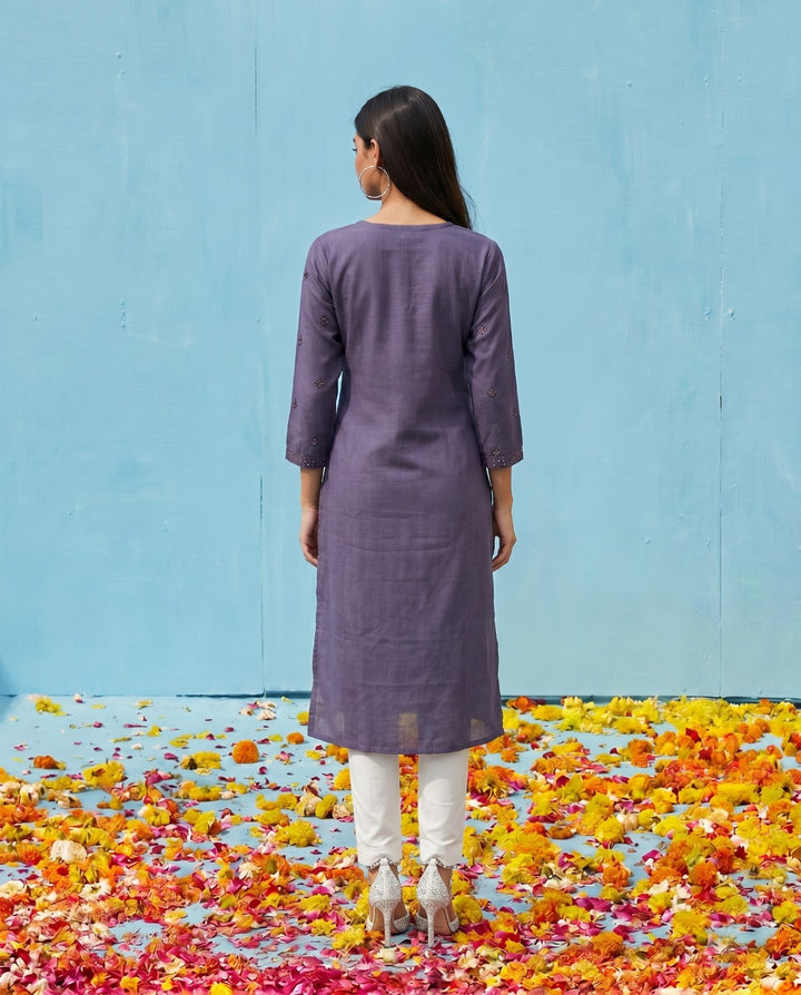 Purple Embroidered Viscose Blended Straight cut Long Kurta