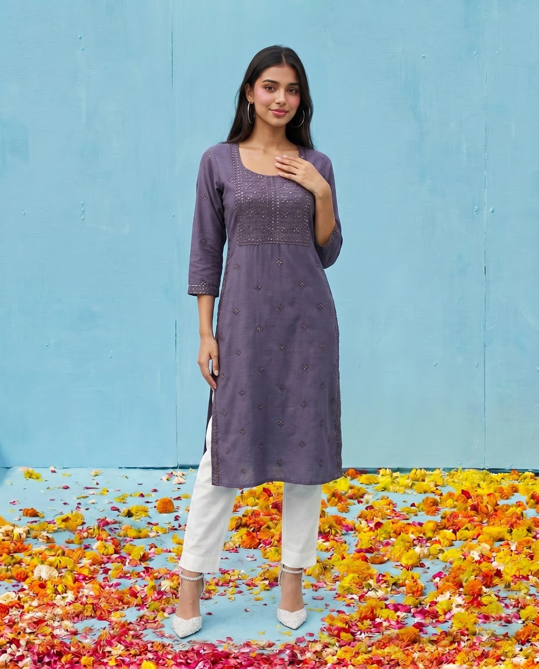 Purple Embroidered Viscose Blended Straight cut Long Kurta