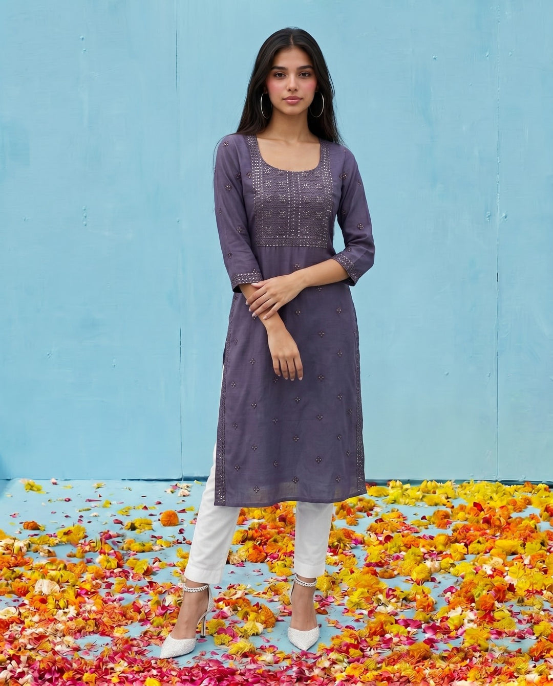 Purple Embroidered Viscose Blended Straight cut Long Kurta