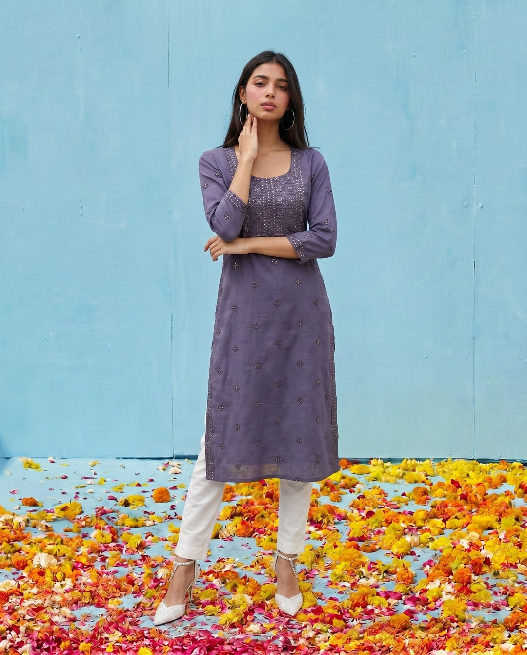Purple Embroidered Viscose Blended Straight cut Long Kurta
