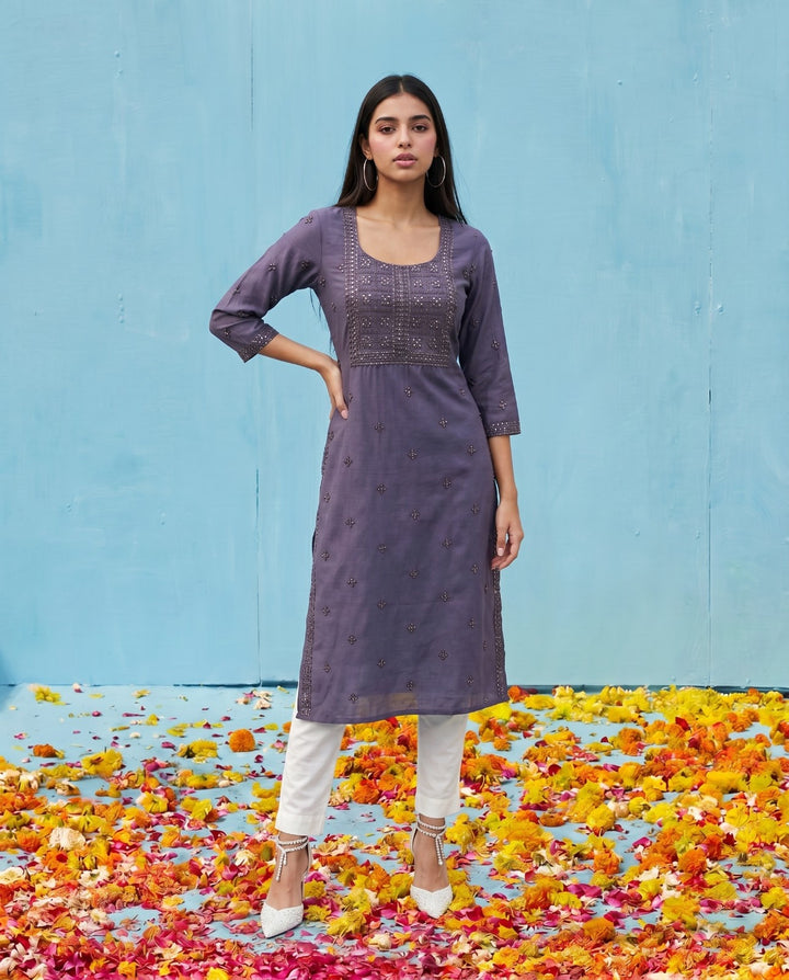 Purple Embroidered Viscose Blended Straight cut Long Kurta