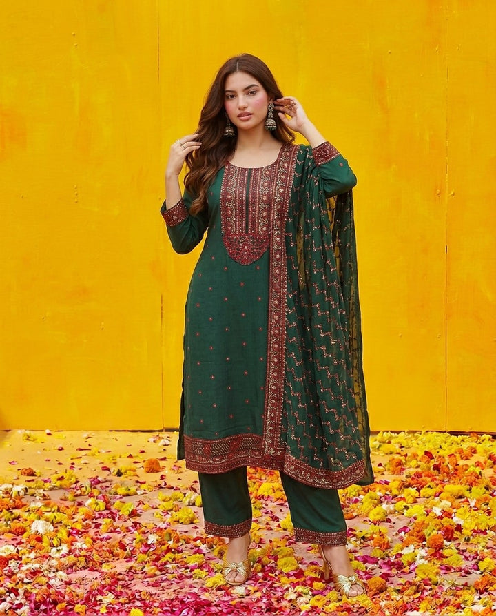 Green Blended Viscose Kurta Bottom Dupatta Set