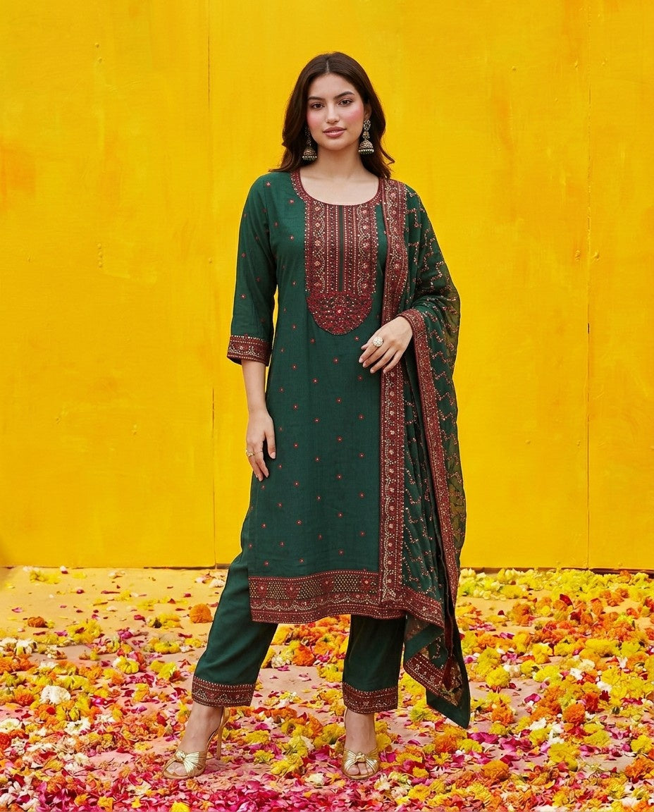 Green Blended Viscose Kurta Bottom Dupatta Set