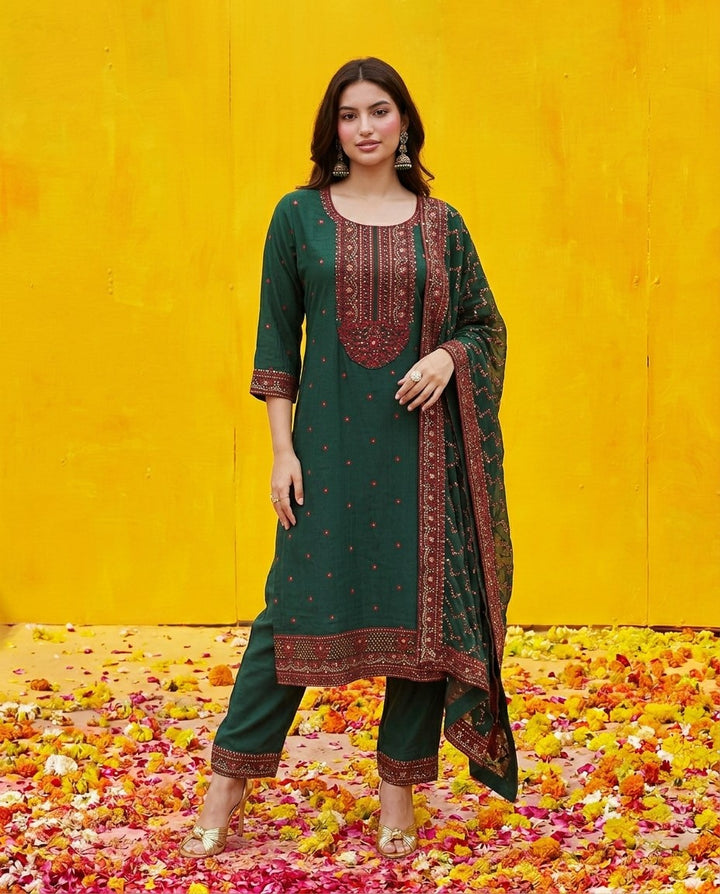Green Blended Viscose Kurta Bottom Dupatta Set