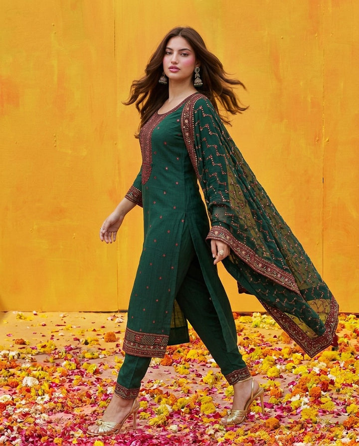 Green Blended Viscose Kurta Bottom Dupatta Set